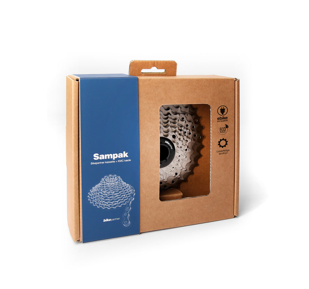 Sampak Bikepartner 9sp 11-34t Road/MTB med KMC X9 1/2x11/128" sølv/grå 114 led kæde 11-13-15-17-19-21-24-28-34t