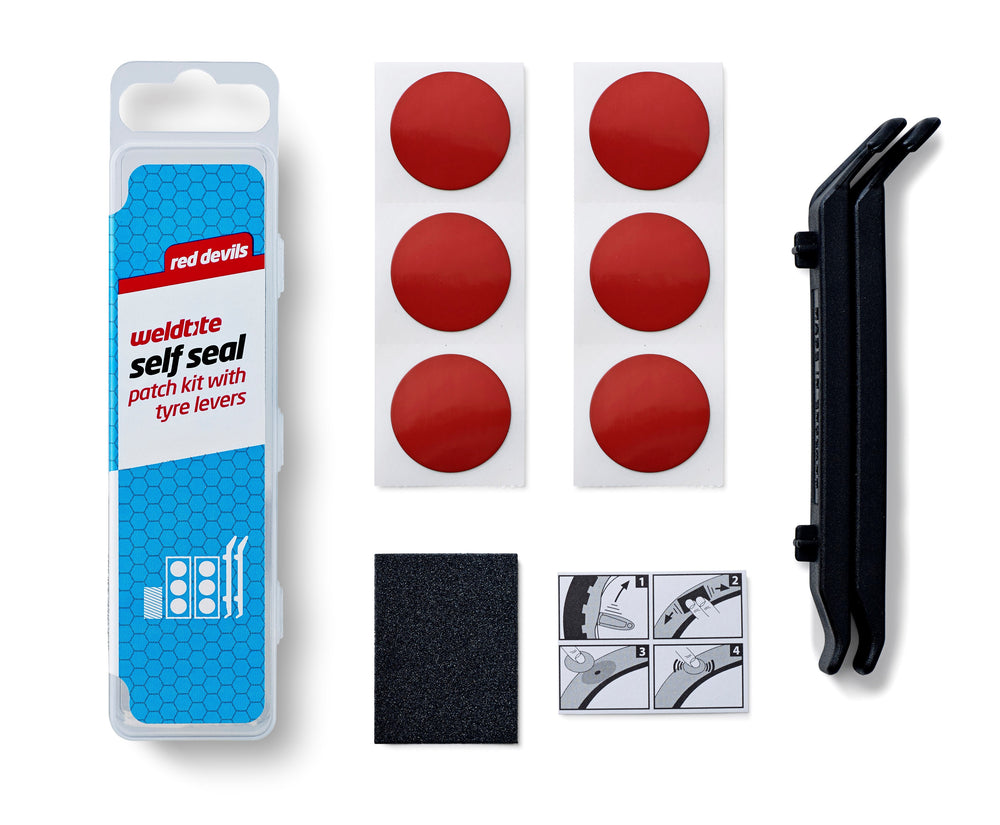 Lappesæt Red Devil Self Seal Patch Kit fra Weldtite. Anbefales til alle slanger inklusiv Tubolito- og TPU-slanger (thermoplastisk polyurethan).