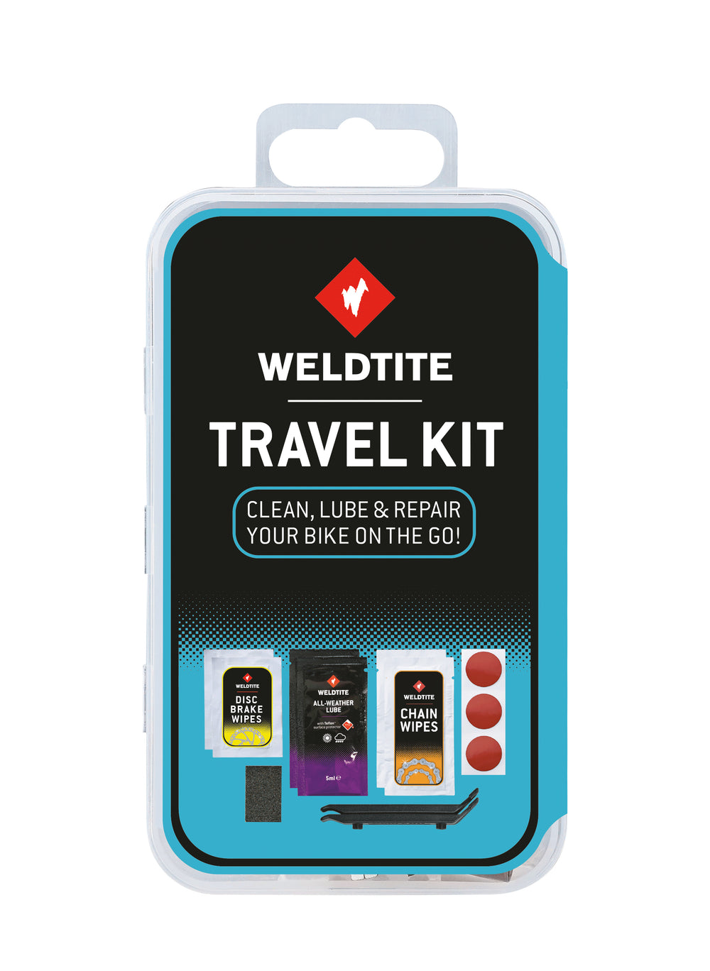 Weldtite Travel Kit. Specialservietter til rens af skivebremse, kæde og fingre. Smøremiddel til kæde, dækjern og selvklæbende lapper.