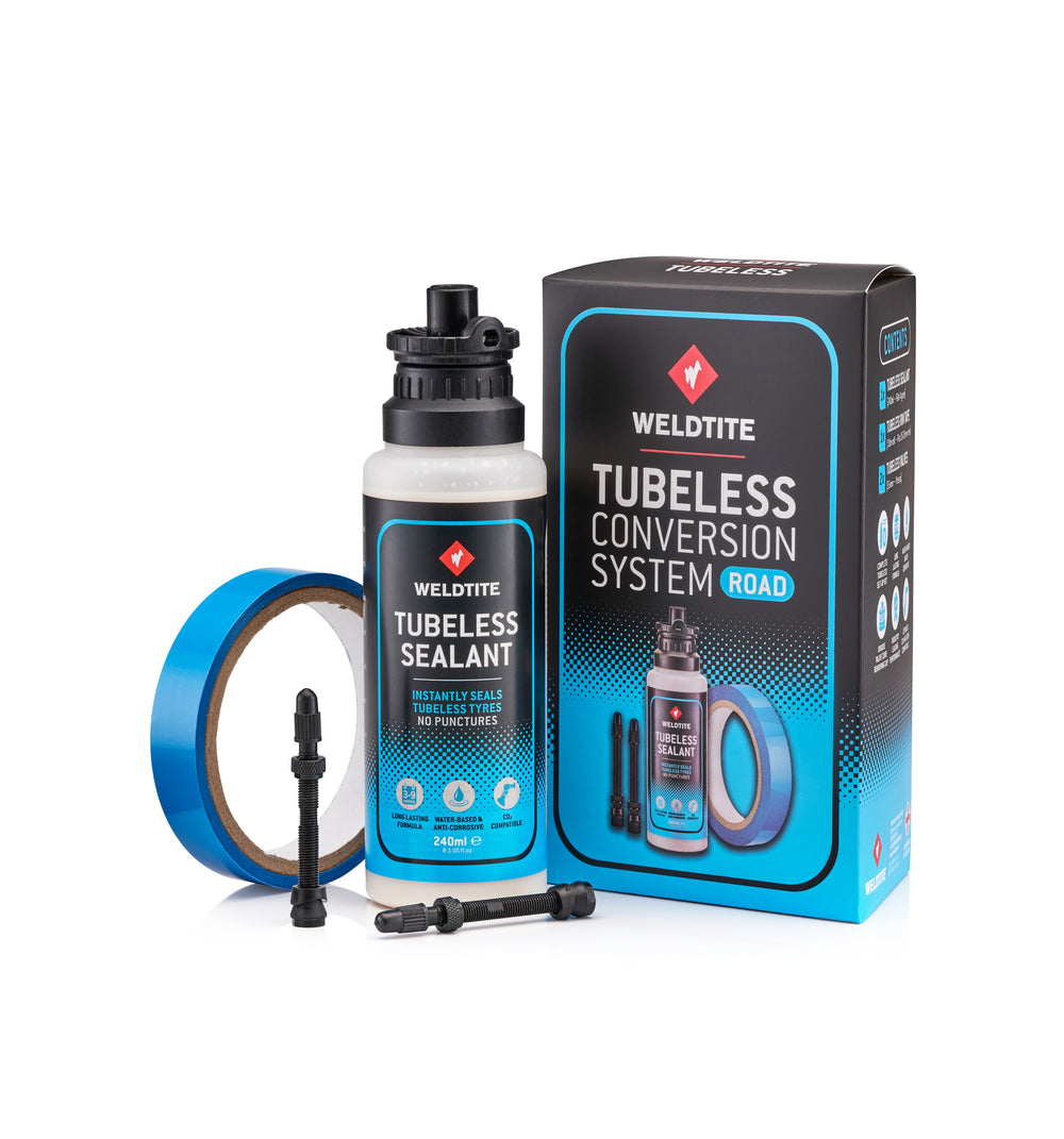 Tubeless Conversion System - Road Weldtite 2x55 mm prestaventil,10 m. x 19 mm. tubeless tape og 240 ml. tubeless tire sealant