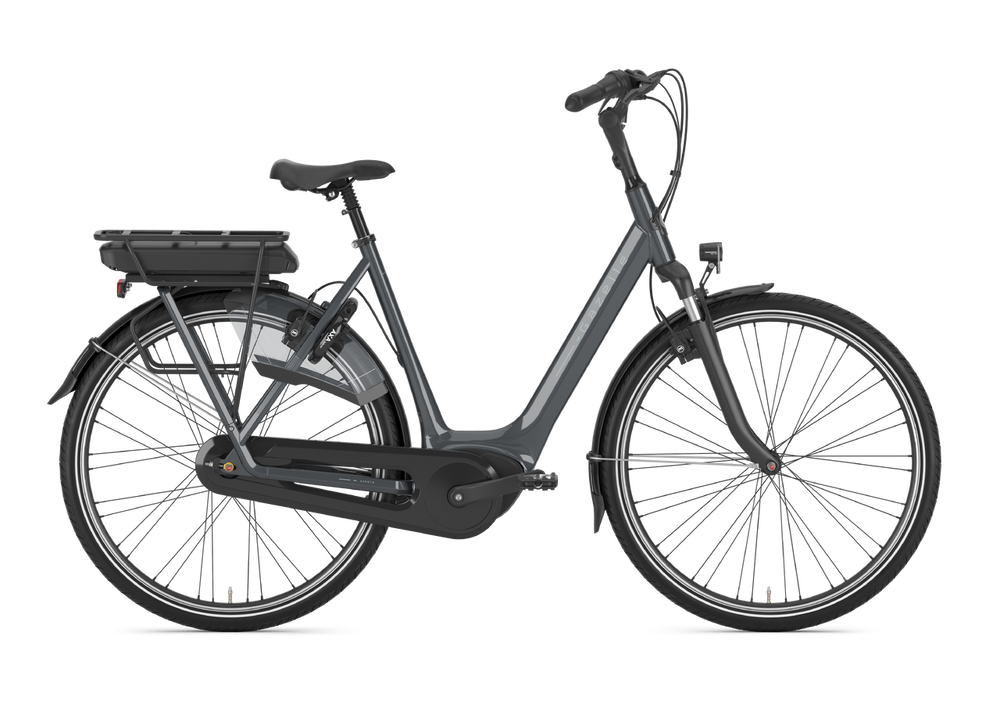 Gazelle Arroyo C7+ HMB cykel i antracitgrå farve, model L, med komfortabelt design og tilbehør til daglig brug.