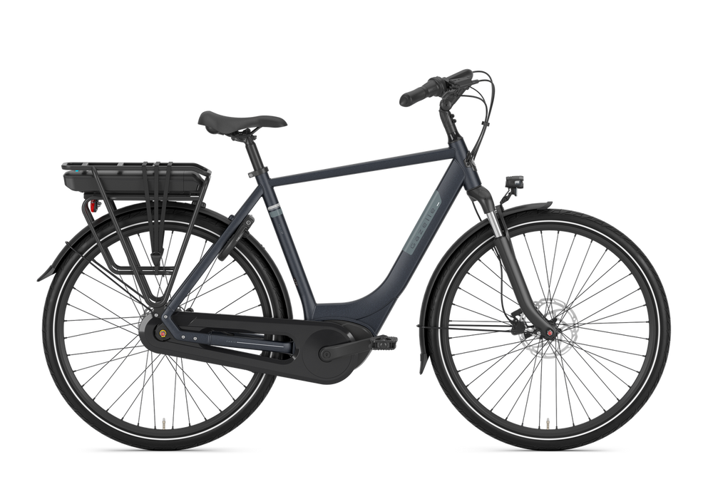 Gazelle Paris C7 Herre Graphite Blue 2025 cykel i grafitblå farve, set fra siden med sort sadel og styr.