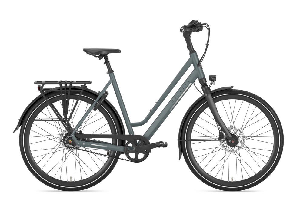 Damecykel Gazelle Chamonix S8 i farven Petrol Blue, med en elegant og sporty design, der viser cyklens ramme, styr og sadel.