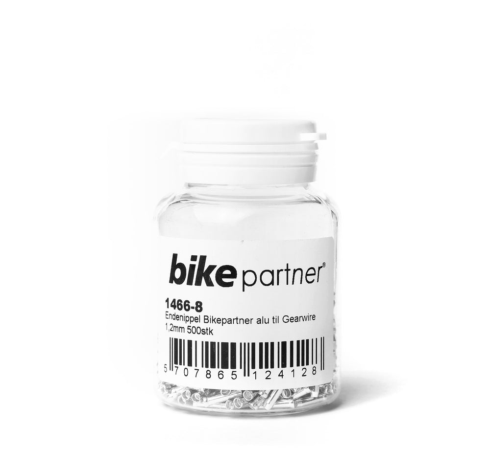 Endestop i aluminium (sølv) fra BikePartner. Til gearwire ø1,2 mm. Dåse med 500 stk.