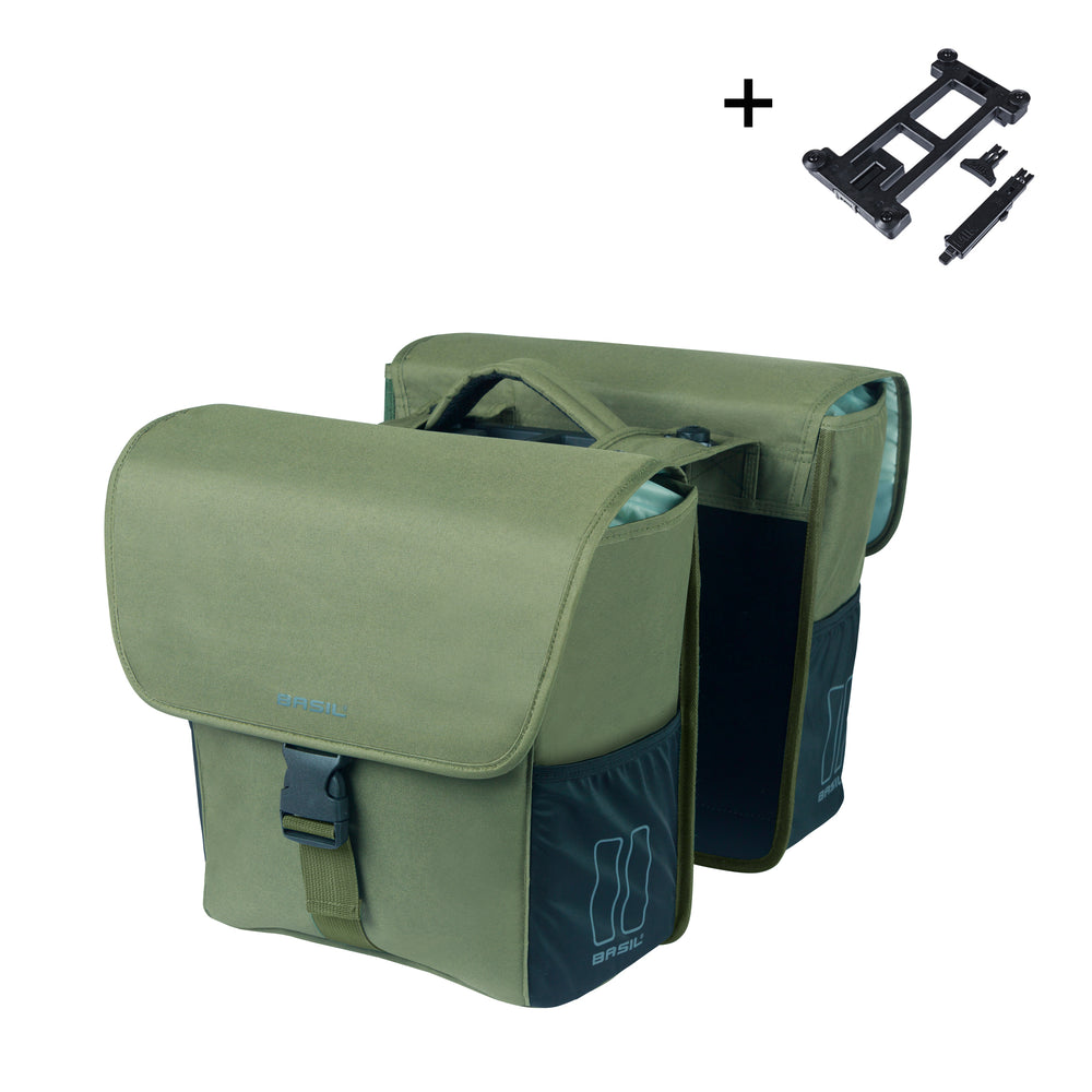 Taske sæt BASIL GO bag MIK 2.0 Grøn 29x15x34cm 32L Dobbel Pannier inklusiv MIK 2.0 adapter