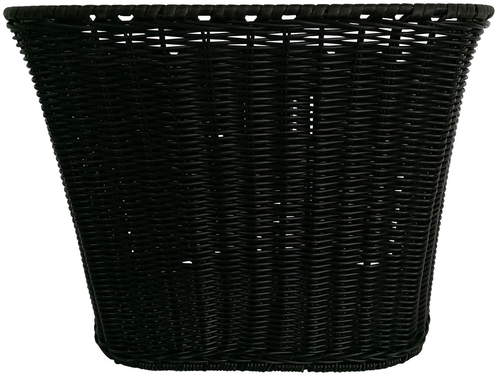 Kurv i sort plast rattan med bøjle og beslag, designet til fastmontering.