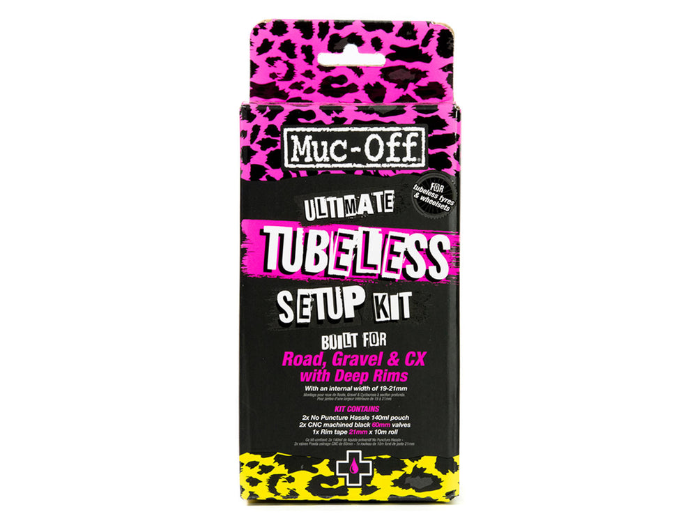 Mucoff Ultimate Tubeless kit - Road 60 mm, der viser en pakke med alt nødvendigt til tubeless cykeldæk, herunder ventil, dækstænger og tætningsmiddel, præsenteret på en hvid baggrund.