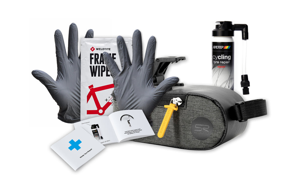 Sadeltaske (0,6 L) fra Selle Royal (KUN til ICS) Motip tyre repair, latex handsker, renseserviet & brugervejl. Tasken er vandafvisende.