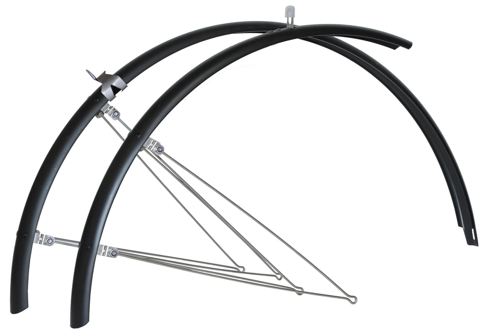 Bikepartner skærmsæt (matsort) 700C, 50 mm med stivere i rustfrit stål. Sælges i pakker med 5 sæt. Papæsken er påtrykt nr.