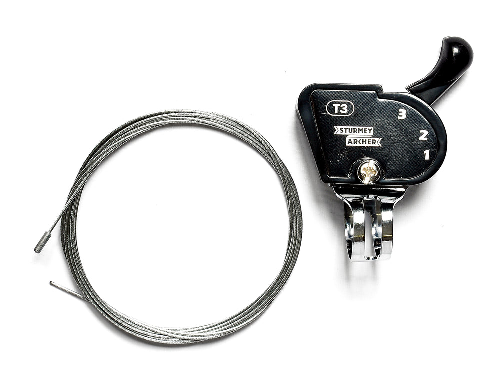 Trigger T3 fra Sturmey Archer. Passer til Sunrace, SRAM m.fl. Inderwire (gearwire) inkluderet