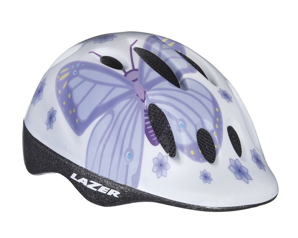 Cykelhjelm Lazer Max i lilla med sommerfuglemønster, størrelse 49-55 cm, designet til børn for sikkerhed og stil på cykelturen.