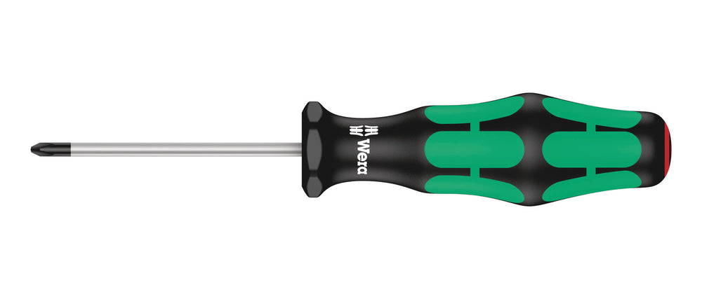 Skruetrækker krydskærvs PH0. Flerkomponent kraftform greb. Elektrikerklinge (60 mm lang). Med sekskant rullesikring mod at rulle væk.