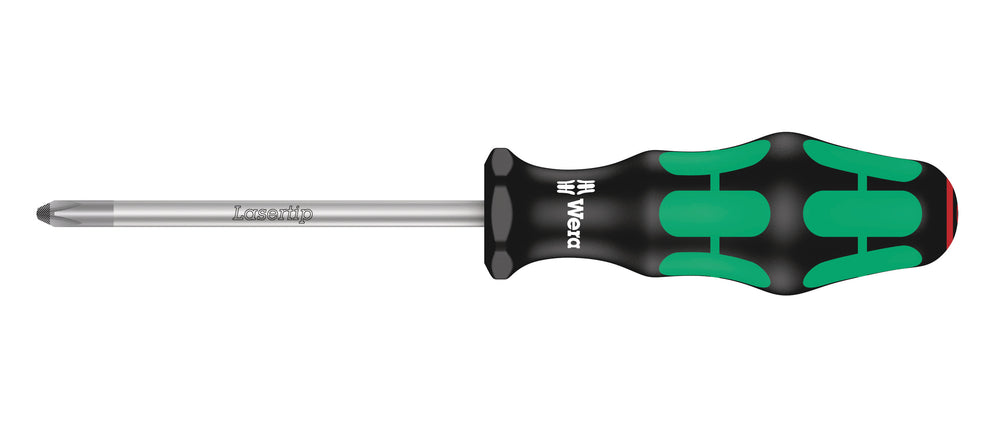 Skruetrækker krydskærvs PH2. Flerkomponent kraftform greb. Elektrikerklinge (100 mm lang). Lasertip-spids til bedre hold i skruehovedet.