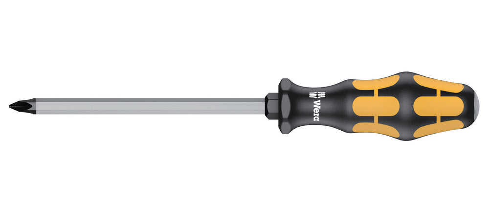Skruetrækker krydskærvs PH3. Flerkomponent kraftform greb. Sekskantet klinge (150 mm lang). Med slagkappe og sekskant til fastnøgle.