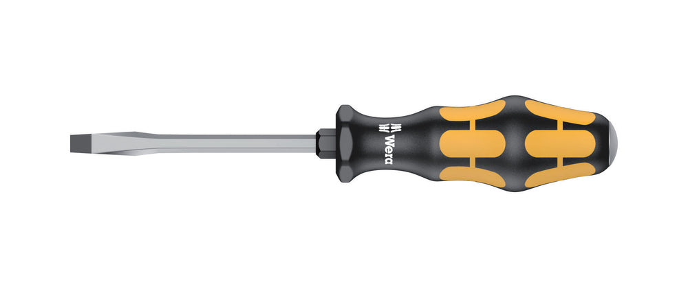 Skruetrækker lige kærv 1,0 mm. Flerkomponent kraftform greb. Sekskantet klinge (100 mm lang). Med slagkappe og sekskant til fastnøgle.