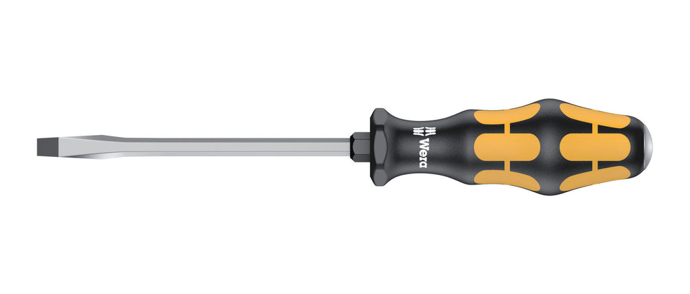 Skruetrækker lige kærv 1,2 mm. Flerkomponent kraftform greb. Sekskantet klinge (125 mm lang). Med slagkappe og sekskant til fastnøgle.