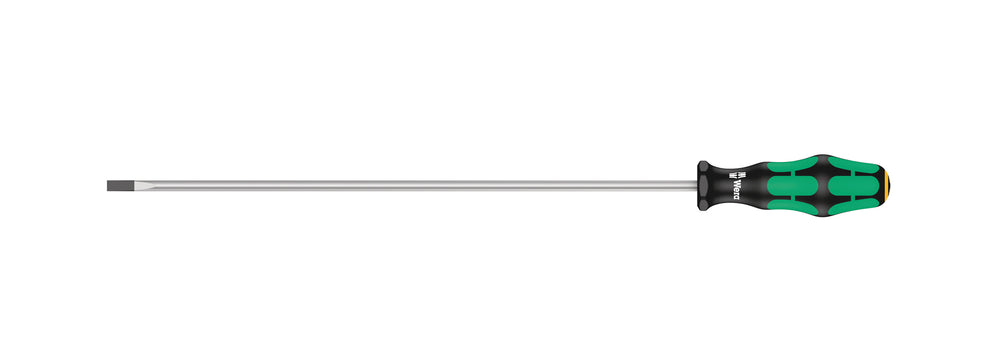 Skruetrækker lige kærv 1,0 mm. Flerkomponent kraftform greb. Elektrikerklinge (300 mm lang). Med sekskant rullesikring mod at rulle væk.