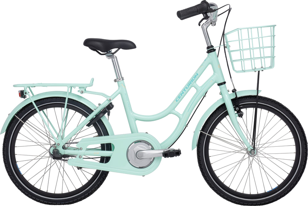 Billede af Centurion Basic Urban+ Pige 20" cykel i pastel grøn med 3 gear, designet til unge piger. Cyklen har et moderne look og er ideel til bykørsel.