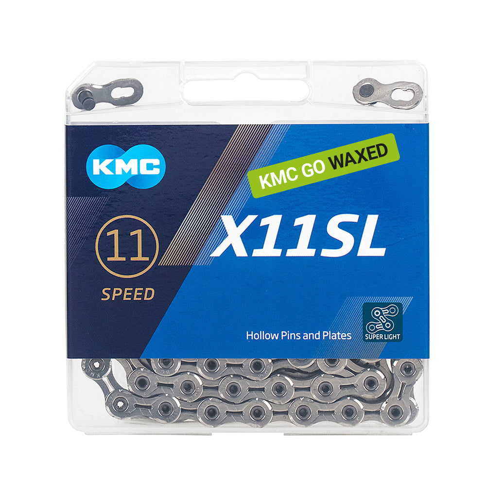 Kæde KMC X11SL (sølv), 11-speed, 118 led Super Light. Kæden er behandlet med voks. Leveres i æske.