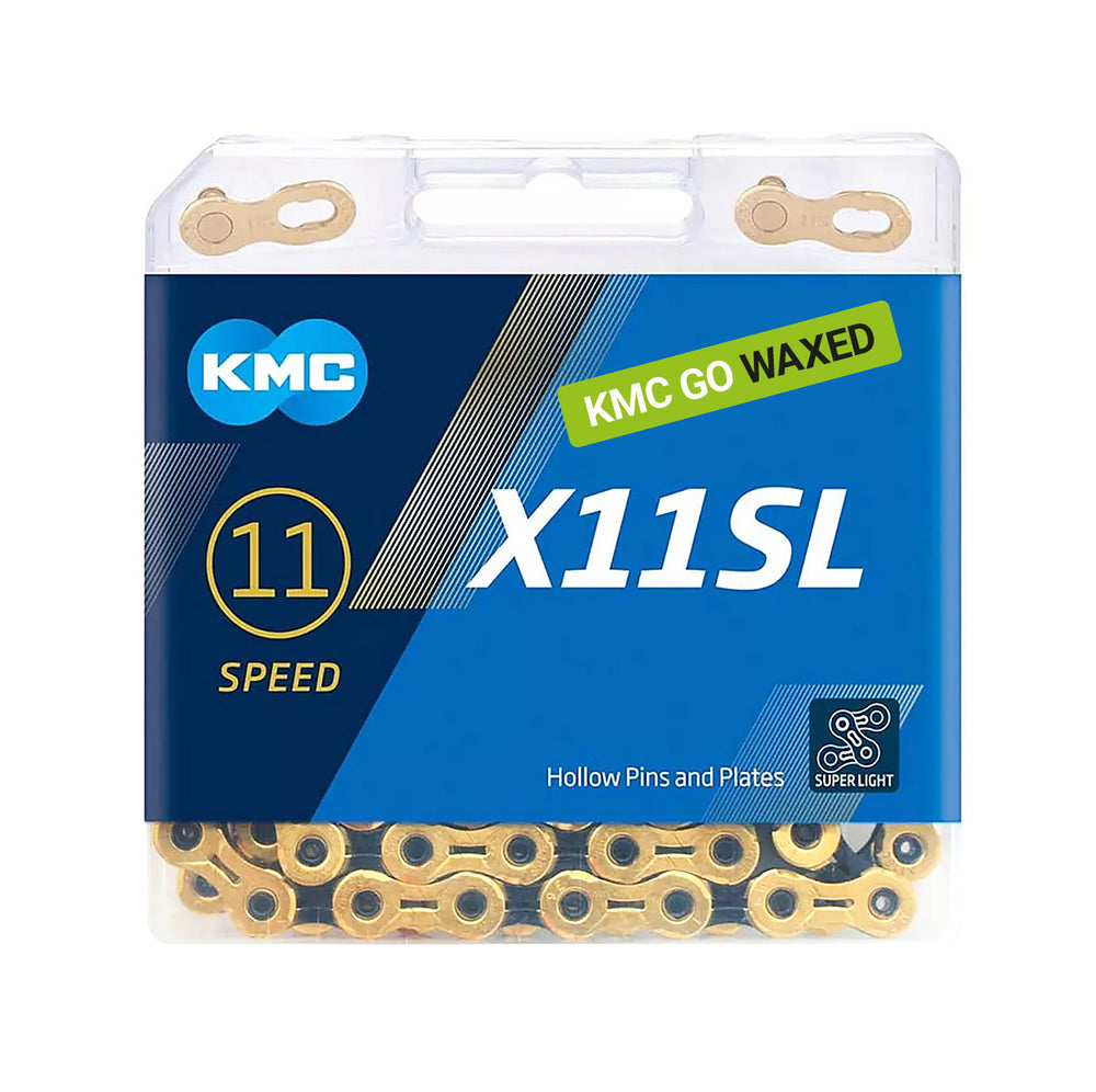 Kæde KMC model X11SL (gold) 11-speed, 118 led. Super Light (SL), vægt 256 g. Ti-N Titanium Nitride coating, Waxed.