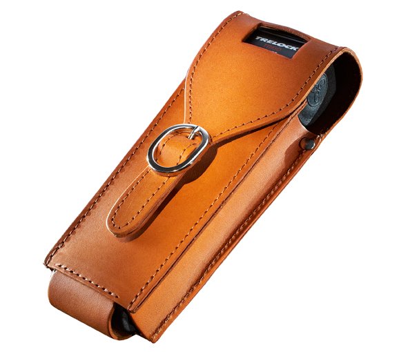 Trelock Foldelås FS300 i sort, præsenteret med en elegant lædertaske til opbevaring.