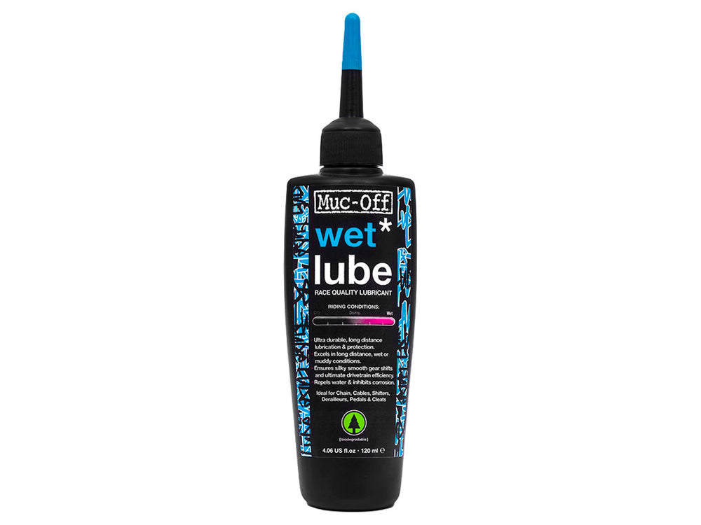 Flaske med Mucoff Wet Lube, en cykel kæde smøremiddel designet til at forbedre ydeevnen under våde forhold.
