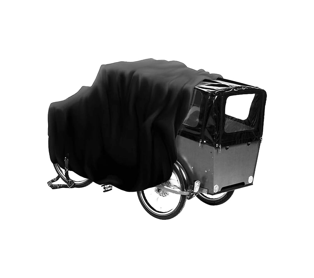 Cykelovertræk til 3-hjulet ladcykler med kaleche. Vandtæt, dobbelt syede sømme med anti-water tape. Materiale: 300D polyester. Farve: Sort