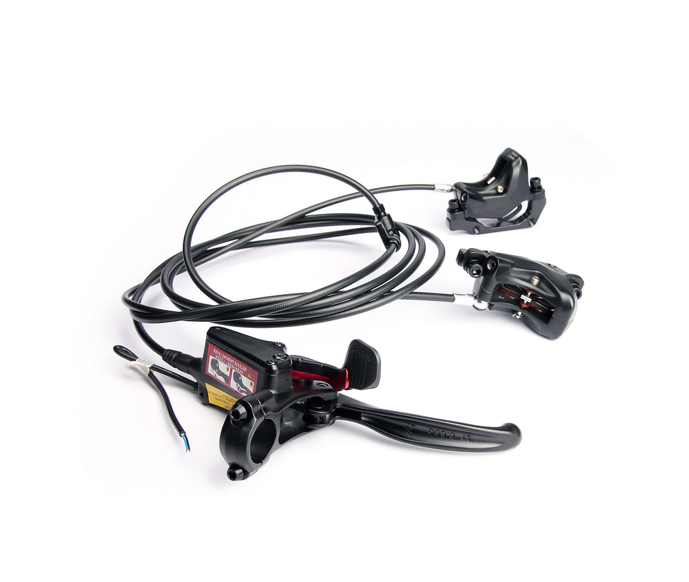 TEKTRO Auriga Twin+ hydraulisk bremsesæt Til cargocykler. 4 stempler., Plug in, 4-finger bremsegreb (højre). Passer til 2,3 mm skiver