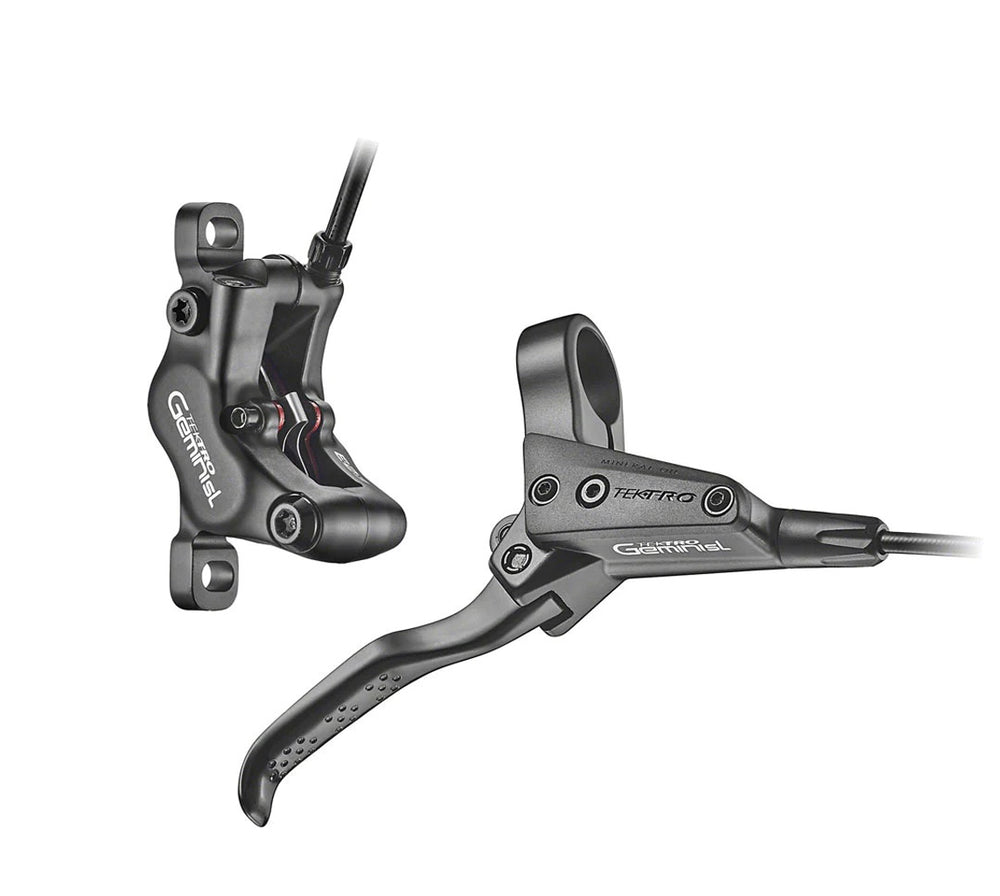 Hydraulisk bremsesæt fra Tektro til 2,3 mm rotor. Gemini 4 Piston EZ add, Ø5x1900mm bremseslange. Højre greb (2-finger) med reach.