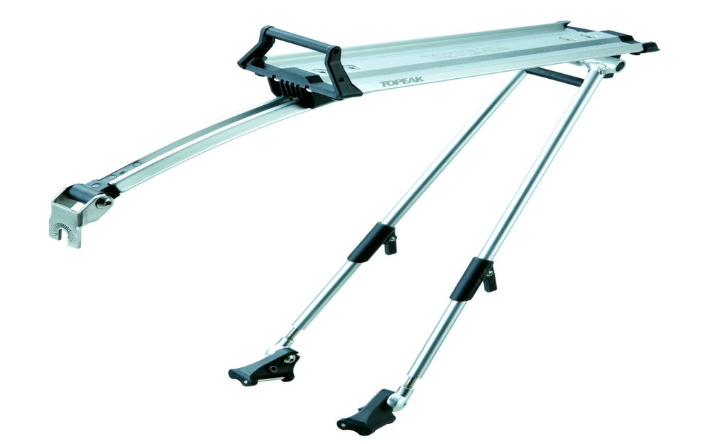 Sølv Topeak Roadie Rack bagagebærer med RX Quick Plate, designet til at bære cykeludstyr sikkert og effektivt.