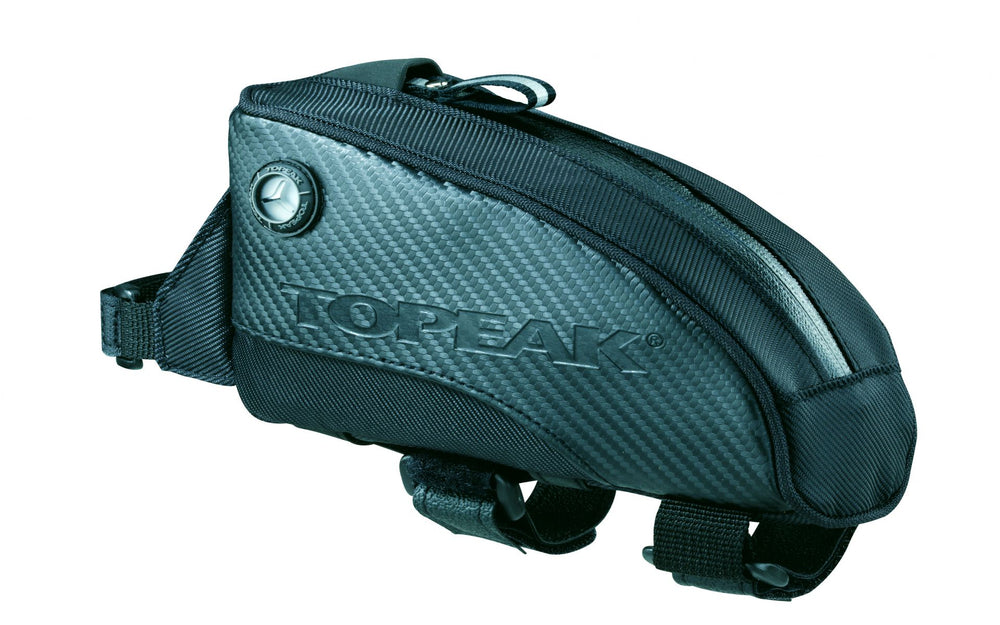 Sort Topeak Fuel Tank i medium størrelse, designet til cykler, med en praktisk opbevaringslomme til værktøj og personlige ejendele.