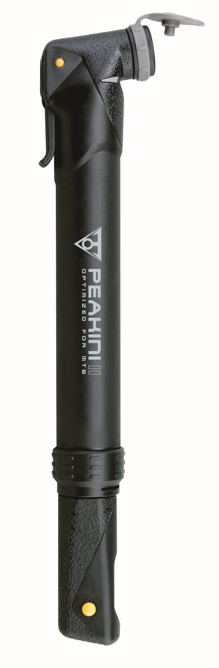 Minipumpe Peakini II fra Topeak, kompakt og let, ideel til cykelture, med ergonomisk håndtag og integreret skraldeventil.