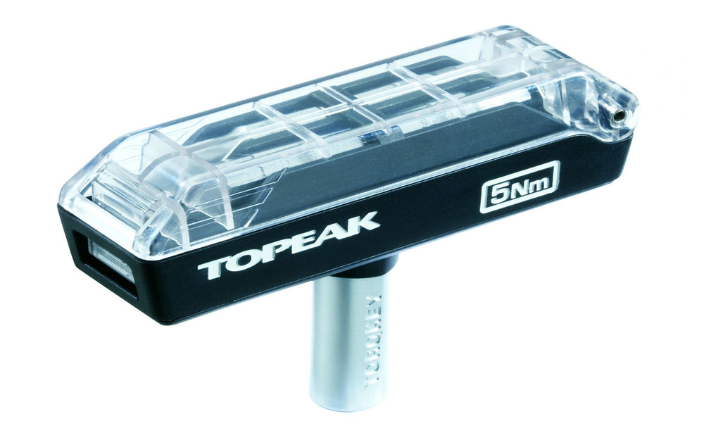 Momentnøgle fra Topeak med en maks. momentindstilling på 5Nm, inkluderer 4 bits til præcis og sikker montering af cykeldele.