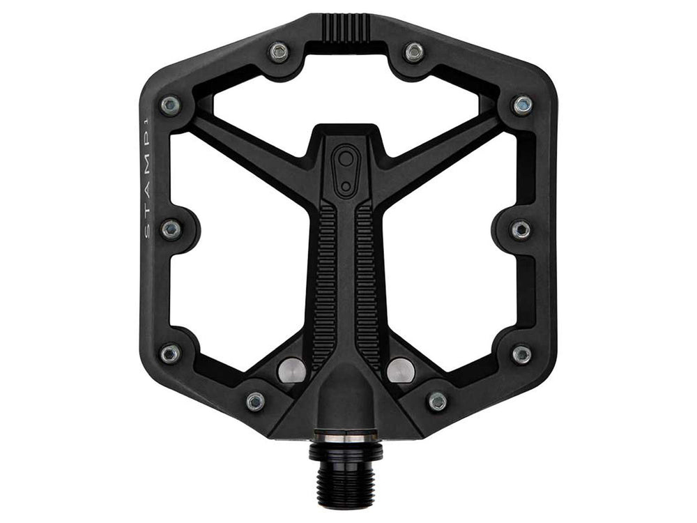 Crankbrothers Stamp 1 Small Gen. 2 pedaler i sort, designet til at forbedre grebet og kontrol på cyklen.