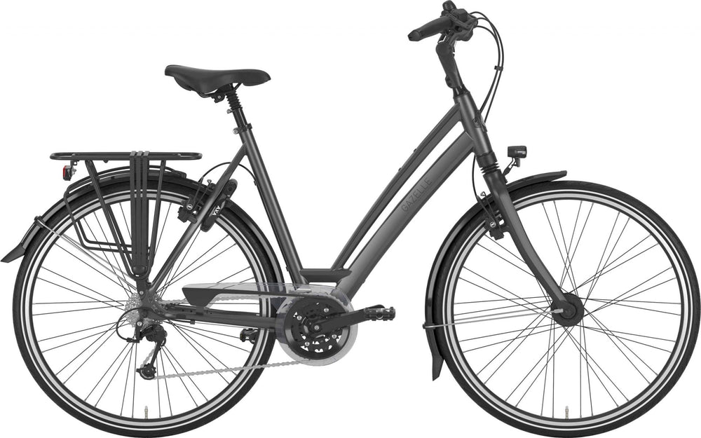 Gazelle Chamonix T30 elcykel i farven Desert Titanium Grey, set fra siden med fokus på ramme og komponenter.