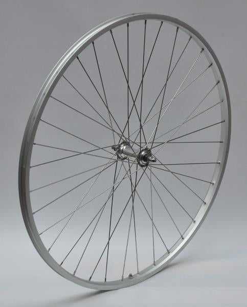Forhjul 700C i sølv, enkeltbundet, med møtrik til cykler.