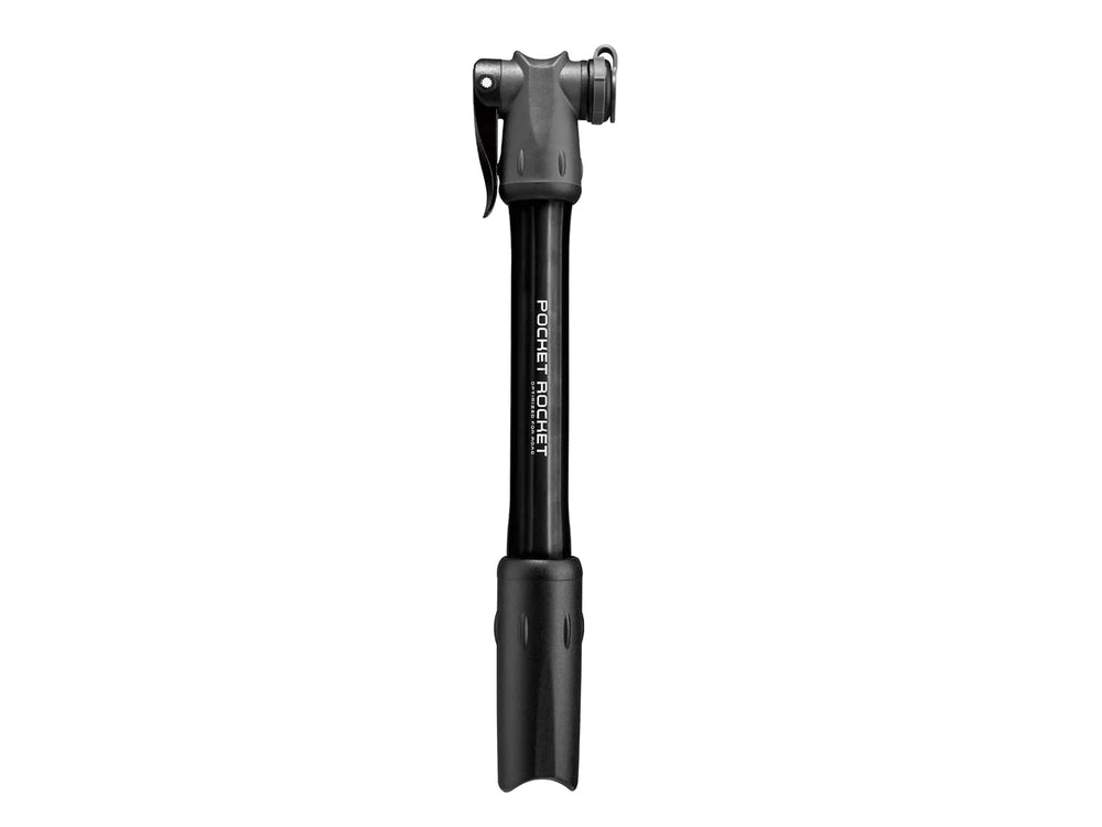 Billede af Topeak Minipumpe Pocket Rocket i sort farve, designet til at være kompakt og let, perfekt til cyklister på farten.