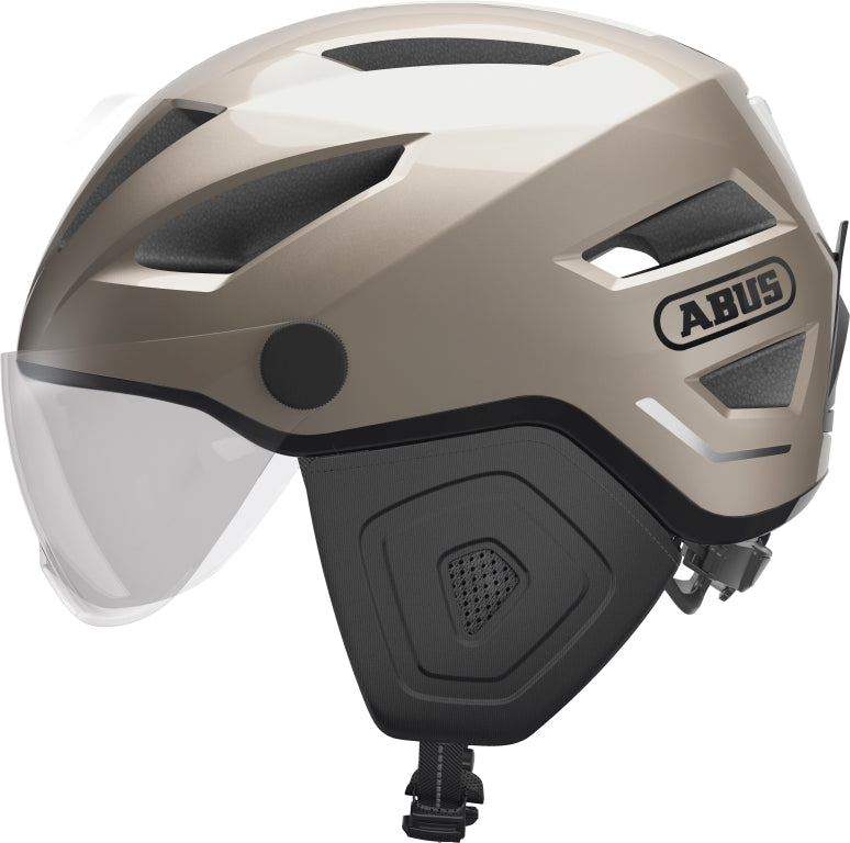 Cykelhjelm Abus Pedelec 2.0 ACE i champagne guld, elegant design med visir og justerbar pasform.