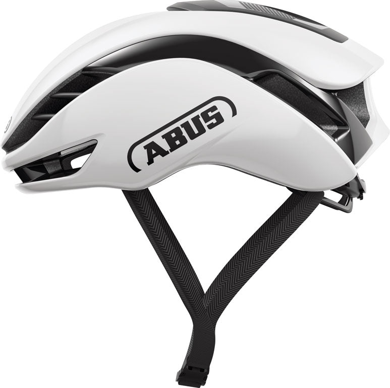 Hvid Abus GameChanger 2.0 cykelhjelm med aerodynamisk design og ventilationsåbninger, set fra siden.