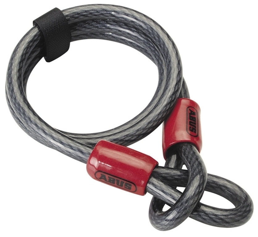 Abus Wire Cobra 12 mm cykellås med sort kabel og sølvfarvede ender, liggende på en hvid baggrund.