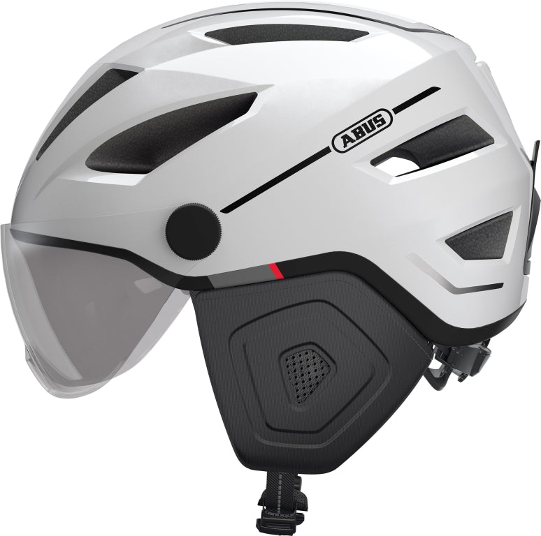 Cykelhjelm Abus Pedelec 2.0 ACE Pearl White, en hvid cykelhjelm med moderne design og integreret visir.