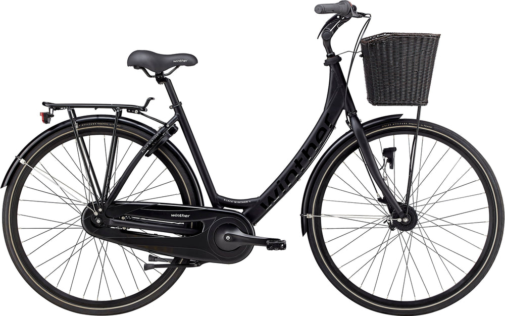 Cykel Winther 4 Dame 7 gear, fodbremse, dyn forlygte, sandblæst sort, 2018 model, set fra siden.