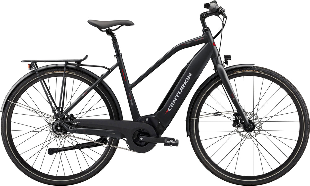 Centurion Challenger E Dame i mat sort, en elegant elcykel med slankt stel og komfortabelt sæde, perfekt til bykørsel.