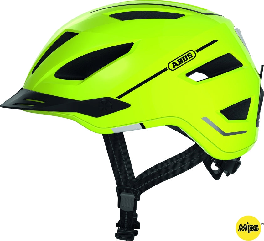 Cykelhjelm Abus Pedelec 2.0 MIPS i signalgul farve, set fra siden med justerbar rem og ventilationshuller.