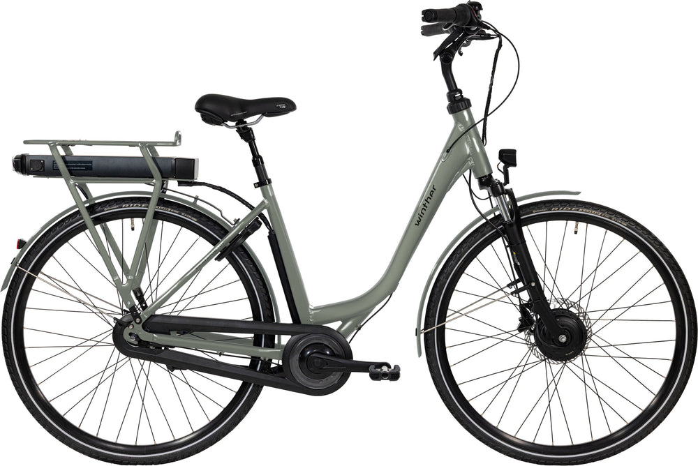 Winther Superbe 1 LTD dame cementgrå cykel med elegant design og komfortabelt sæde, perfekt til bykørsel.