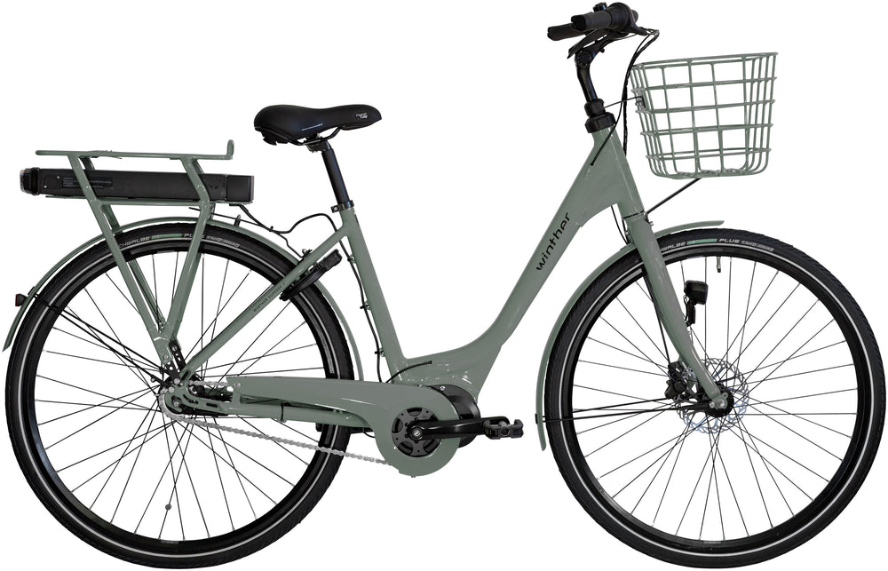 Cykel Winther Superbe 2 Dame Grøn/Grå med elegant design og komfortabelt sæde, perfekt til bykørsel.