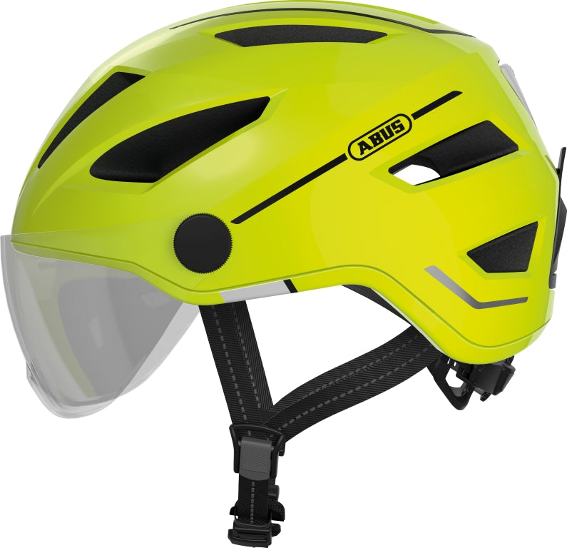 Cykelhjelm Abus Pedelec 2.0 ACE Signal Yellow, en gul cykelhjelm med visir og reflekser, designet til sikker cykling.
