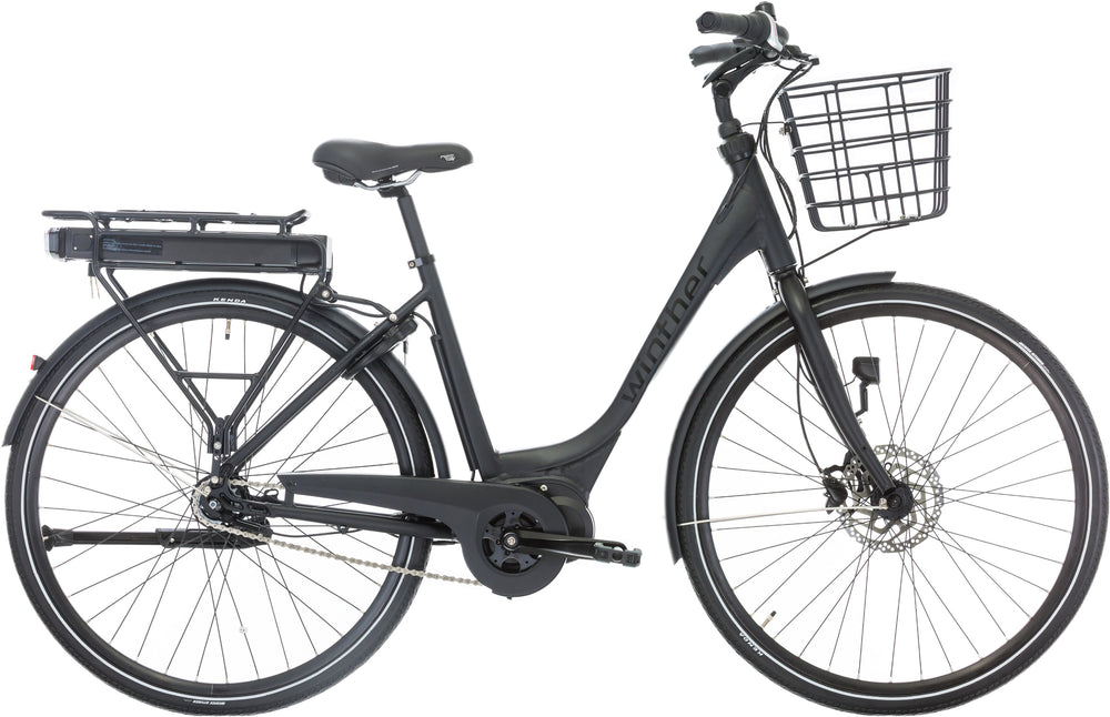 Cykel Winther Black Superbe 2 Dame 7 gear, mat sort, 2019, med hydrauliske skivebremser, set fra siden.